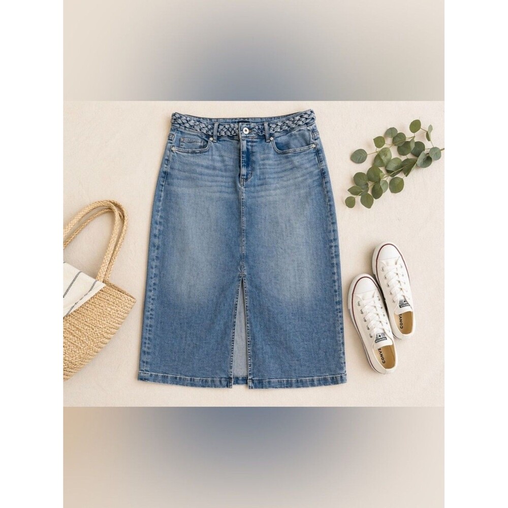 J.Jill Blue Denim Midi Skirt Women's 14 Braided Waist Front Slit Boho Western